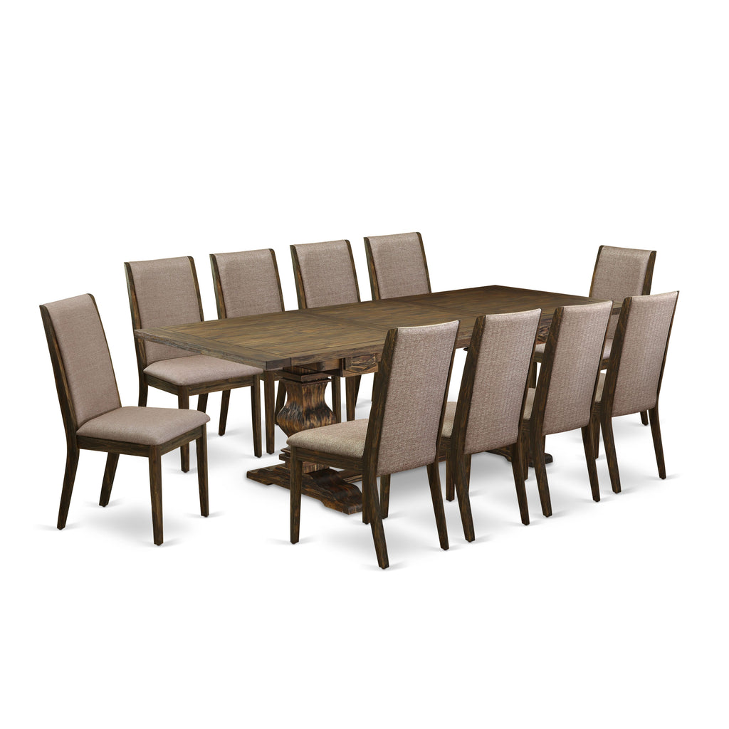 LALA1O-AI-LA 11-Piece Dining Ensemble Featuring a Butterfly Leaf Rectangle Table & 10 Khaki Linen Parson Chairs