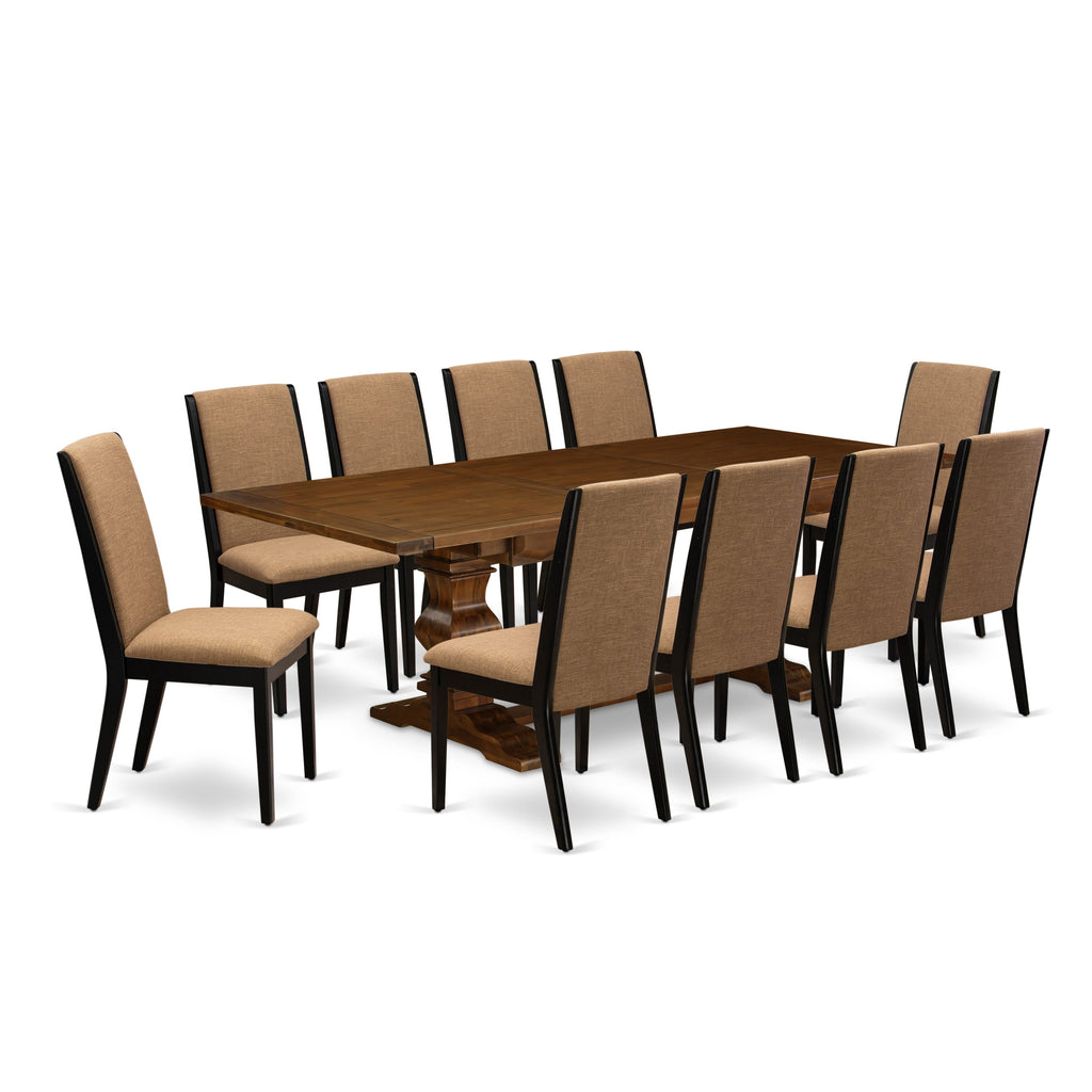 Elegant Antique Dining Ensemble LALA13-EM-XZ Butterfly Leaf Table & 10 Upholstered Chairs in Walnut, High Back Design