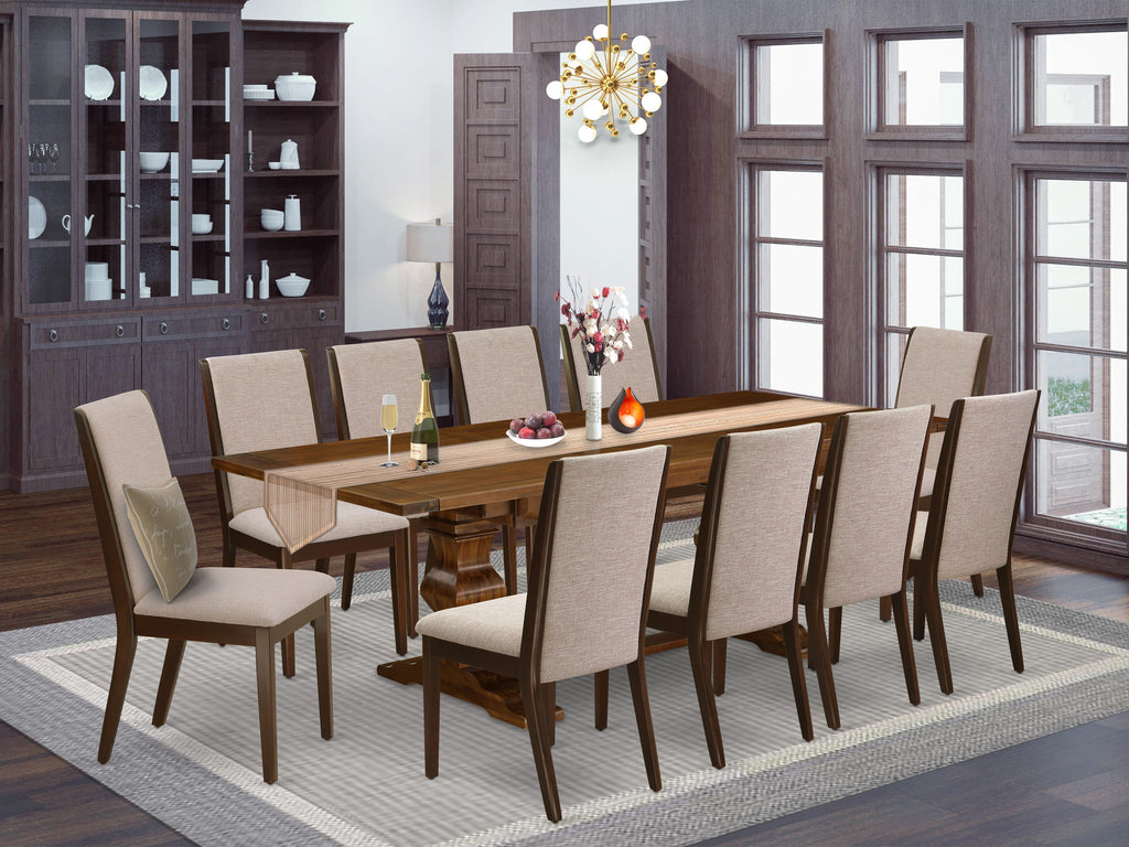LALA1B-Z0-DD 42x92in Walnut Dining Set with Butterfly Leaf, Seating 10 in Parson Chairs, Elegant 11 Piece Ensemble with Light Tan Linen