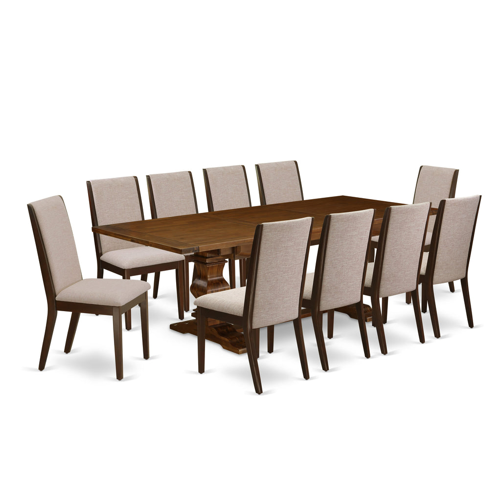 LALA1B-Z0-DD 42x92in Walnut Dining Set with Butterfly Leaf, Seating 10 in Parson Chairs, Elegant 11 Piece Ensemble with Light Tan Linen