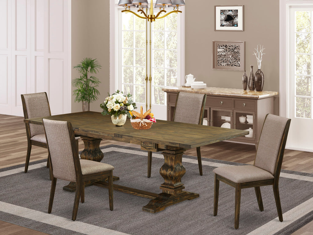 LALA5-QI-T1 5 Piece Dining Room Set - Rectangle Table with Leaf & Dark Khaki Chairs, Jacobean