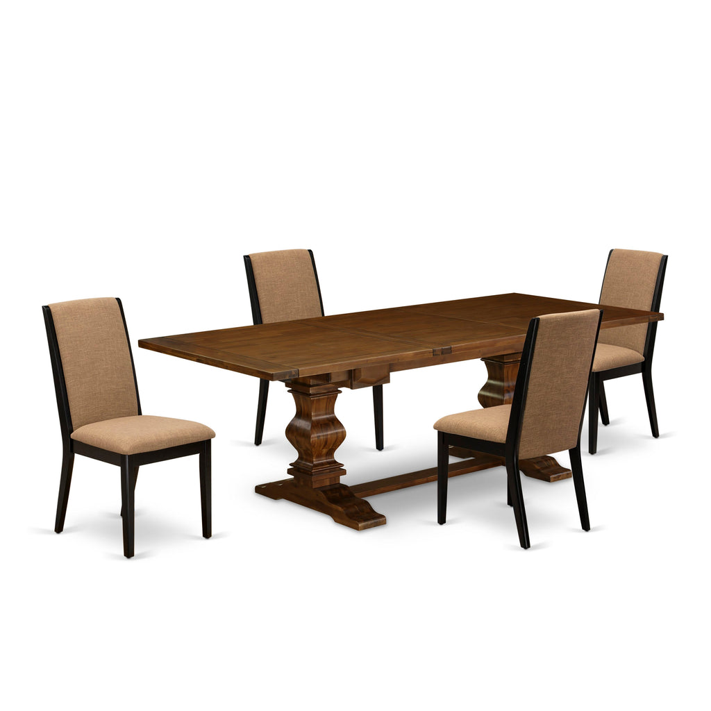 LALA5-JM-VR 5-Piece Dining Set with Extendable Rectangle Table & Sable Fabric Chairs, Walnut Finish - 42x92