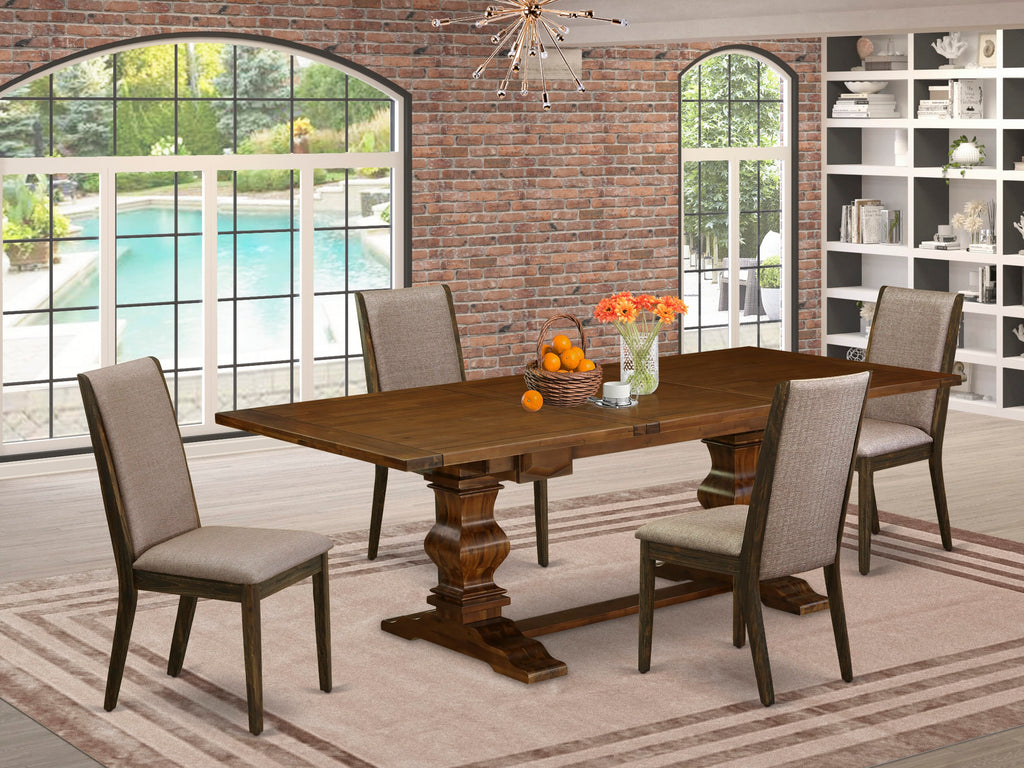LALA5-4P-AF Exquisite 5-Piece Dining Ensemble with Extendable Table and 4 Khaki Fabric Chairs, Walnut Finish, 42x92
