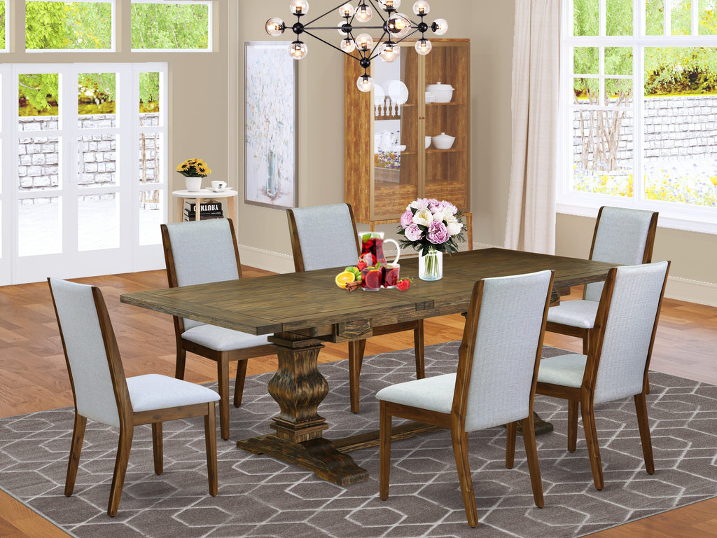 LALA7-FJ-YF Elegant 7 Piece Dining Collection Featuring Rectangular Table with Extension and 6 Upholstered Grey Chairs