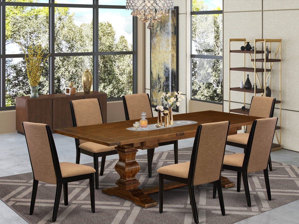 LALA7-LS-5M 7-Piece Dining Ensemble Featuring Rectangular Table with Butterfly Leaf & 6 Parsons Chairs in Elegant Light Sable Linen, Walnut Finish