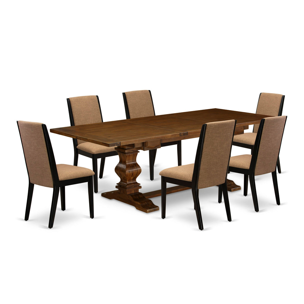 LALA7-LS-5M 7-Piece Dining Ensemble Featuring Rectangular Table with Butterfly Leaf & 6 Parsons Chairs in Elegant Light Sable Linen, Walnut Finish