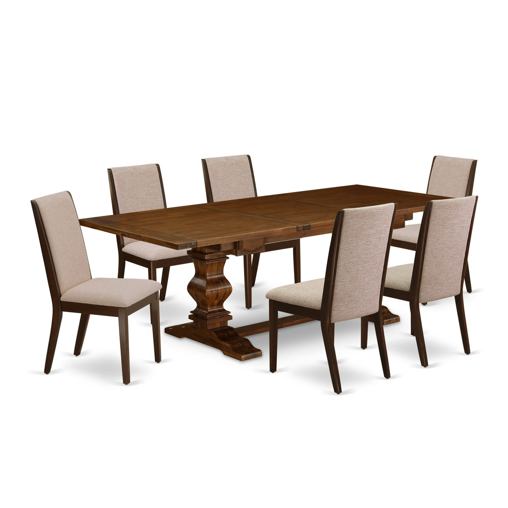 LALA7-TD-VG Elegant 7-Piece Dining Ensemble Rectangular Table with Butterfly Leaf & 6 Light Tan Linen Parsons Chairs, 42x92 Walnut Finish