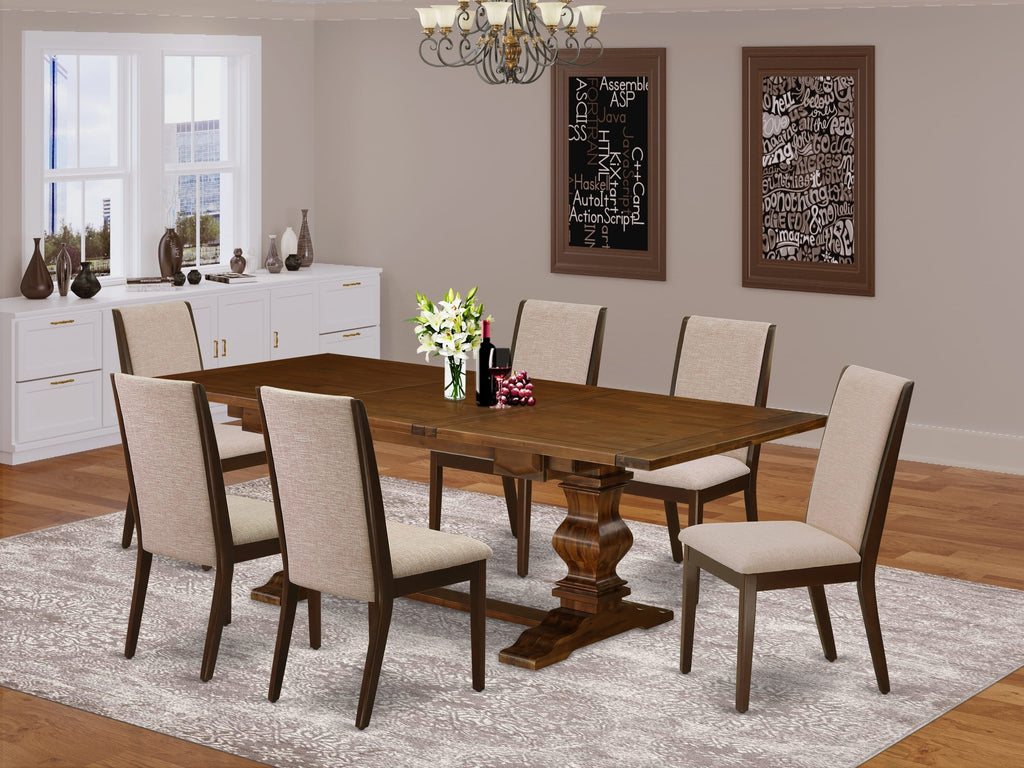 LALA7-TD-VG Elegant 7-Piece Dining Ensemble Rectangular Table with Butterfly Leaf & 6 Light Tan Linen Parsons Chairs, 42x92 Walnut Finish