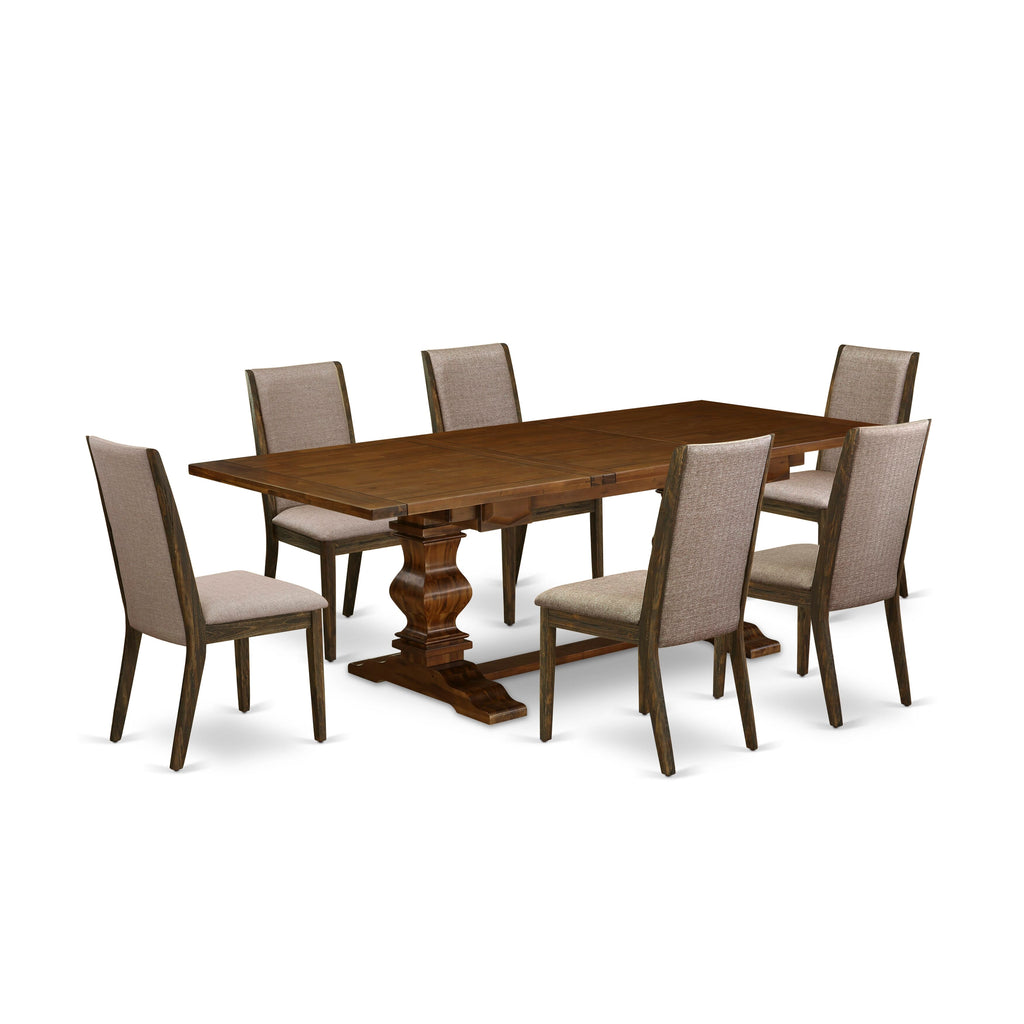 LALA7-J1-XA 7-Piece Wood Dining Set Rectangular Table, Butterfly Leaf, 6 Khaki Fabric Chairs, Walnut Finish