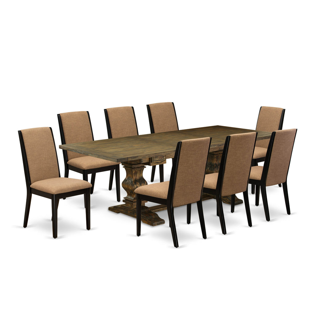 LALA9-ZF-AA 9-Piece Dining Ensemble Featuring Rectangular Table with Butterfly Leaf and 8 Linen Chairs, Jacobean Finish