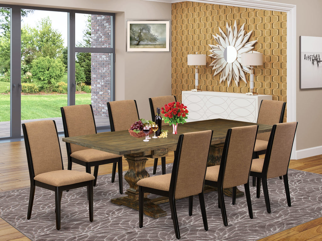 LALA9-ZF-AA 9-Piece Dining Ensemble Featuring Rectangular Table with Butterfly Leaf and 8 Linen Chairs, Jacobean Finish