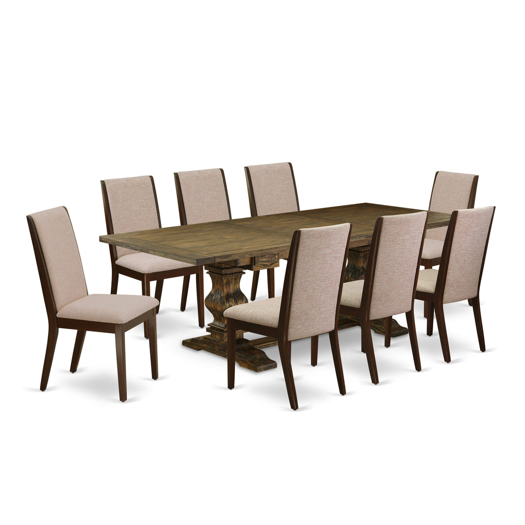 LALA9-TN-87 Nine-Piece Dining Ensemble with Rectangular Table & Parson Chairs, Tan Linen