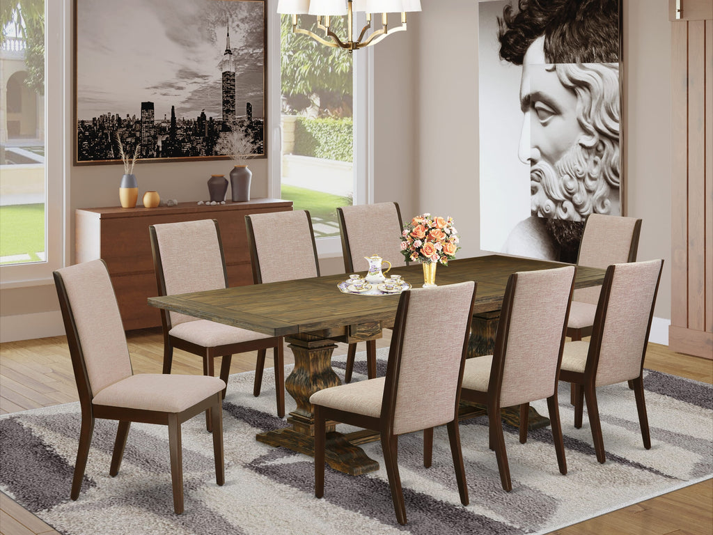 LALA9-TN-87 Nine-Piece Dining Ensemble with Rectangular Table & Parson Chairs, Tan Linen