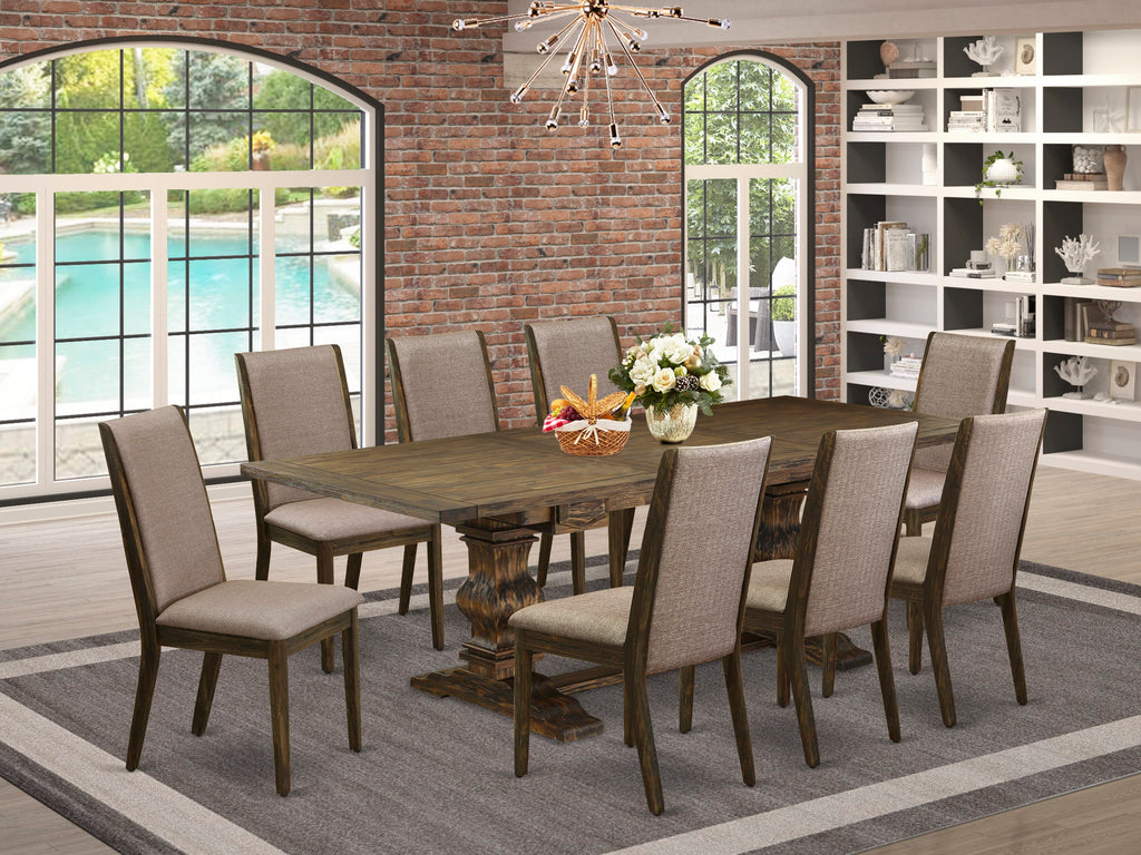 LALA9-5N-PG 9-Piece Dining Ensemble with Expanding Table & 8 Linen Seats in Jacobean Finish