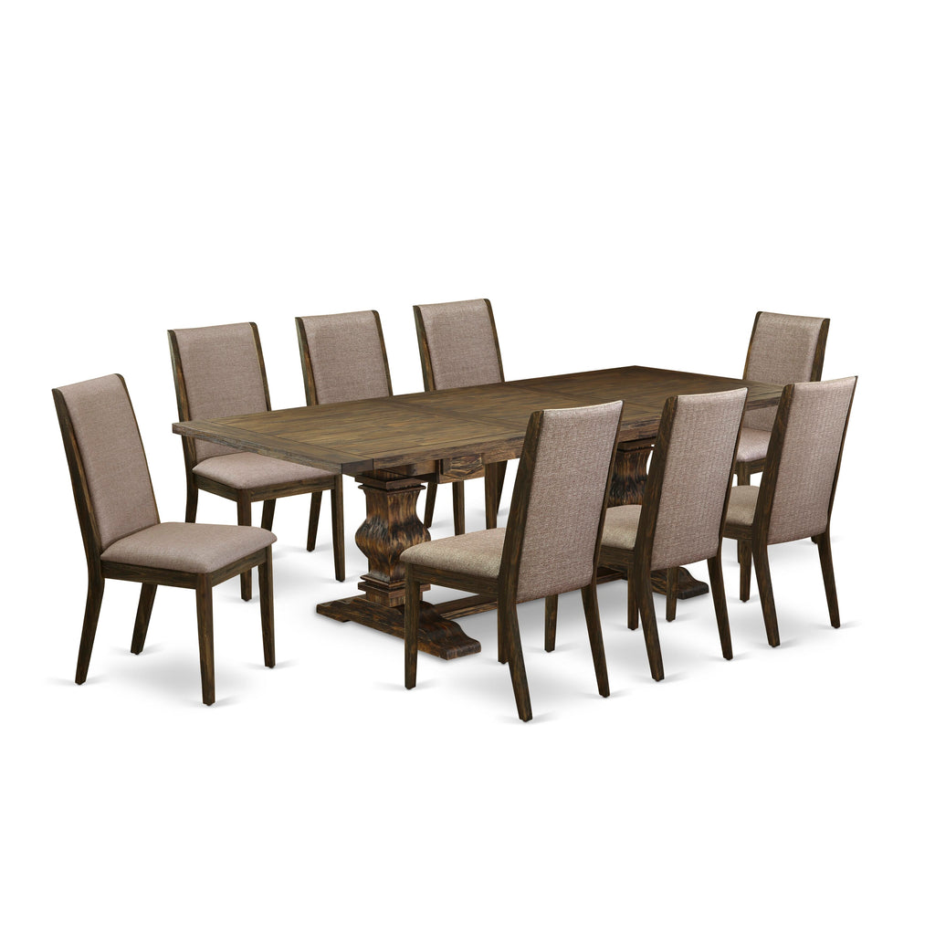 LALA9-5N-PG 9-Piece Dining Ensemble with Expanding Table & 8 Linen Seats in Jacobean Finish