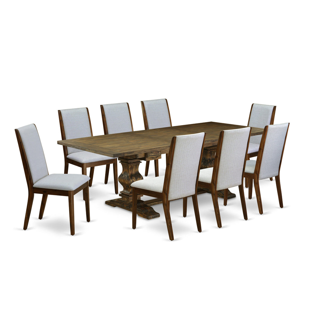 LALA9-47-9N Jacobean Dining Set with Extendable Table & 8 Chairs, 42x92in, Grey Linen Upholstery