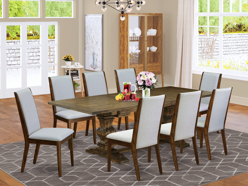 LALA9-47-9N Jacobean Dining Set with Extendable Table & 8 Chairs, 42x92in, Grey Linen Upholstery