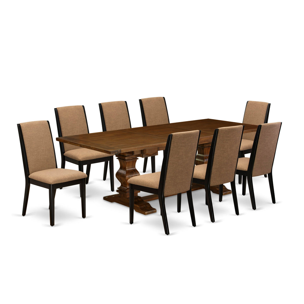 LALA9-OQ-T2 9-Piece Walnut Dining Set with Rectangular Leaf Table and 8 Upholstered Sable Dining Chairs