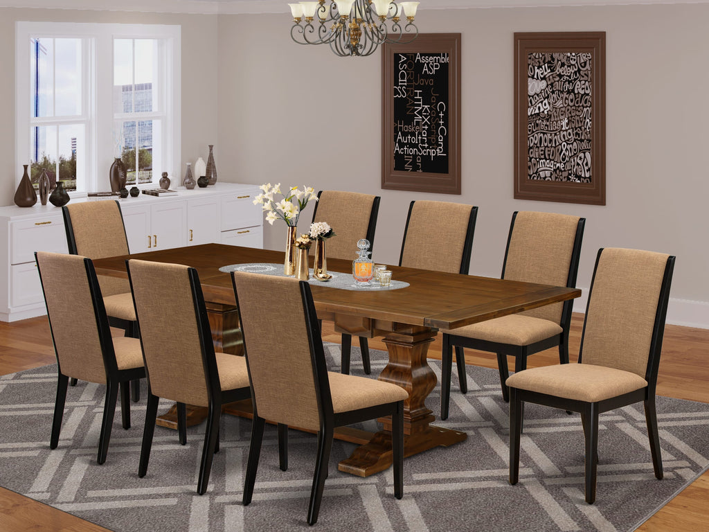 LALA9-OQ-T2 9-Piece Walnut Dining Set with Rectangular Leaf Table and 8 Upholstered Sable Dining Chairs
