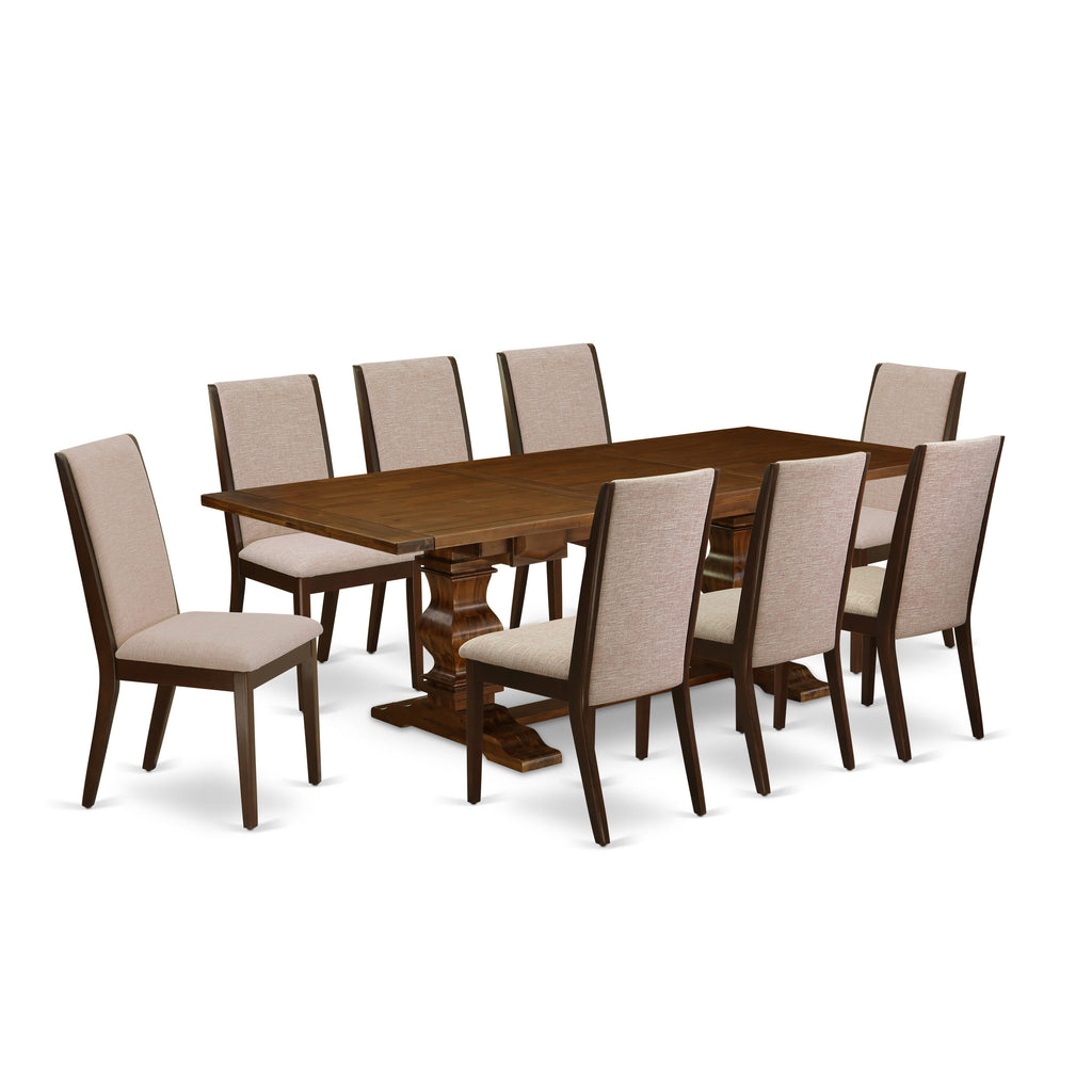 LALA9-0X-G8 9-Piece Dining Ensemble Expansive Rectangle Table with Butterfly Leaf and 8 Tan Linen Parsons Chairs, Walnut Finish, 42x92