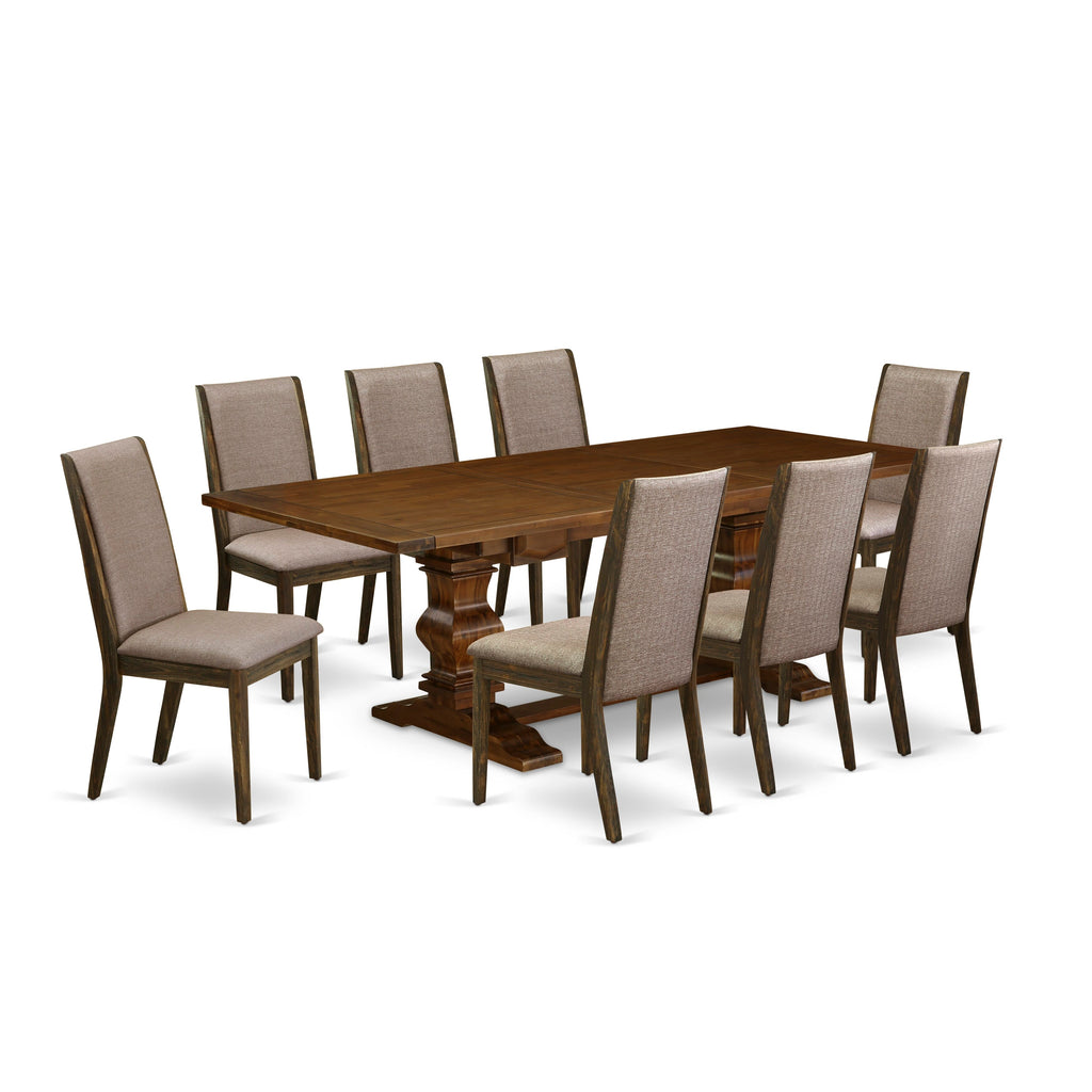 LALA9-61-7U 9-Piece Dining Set Featuring a Walnut Rectangle Table and 8 Dark Khaki Fabric Chairs, 42x92