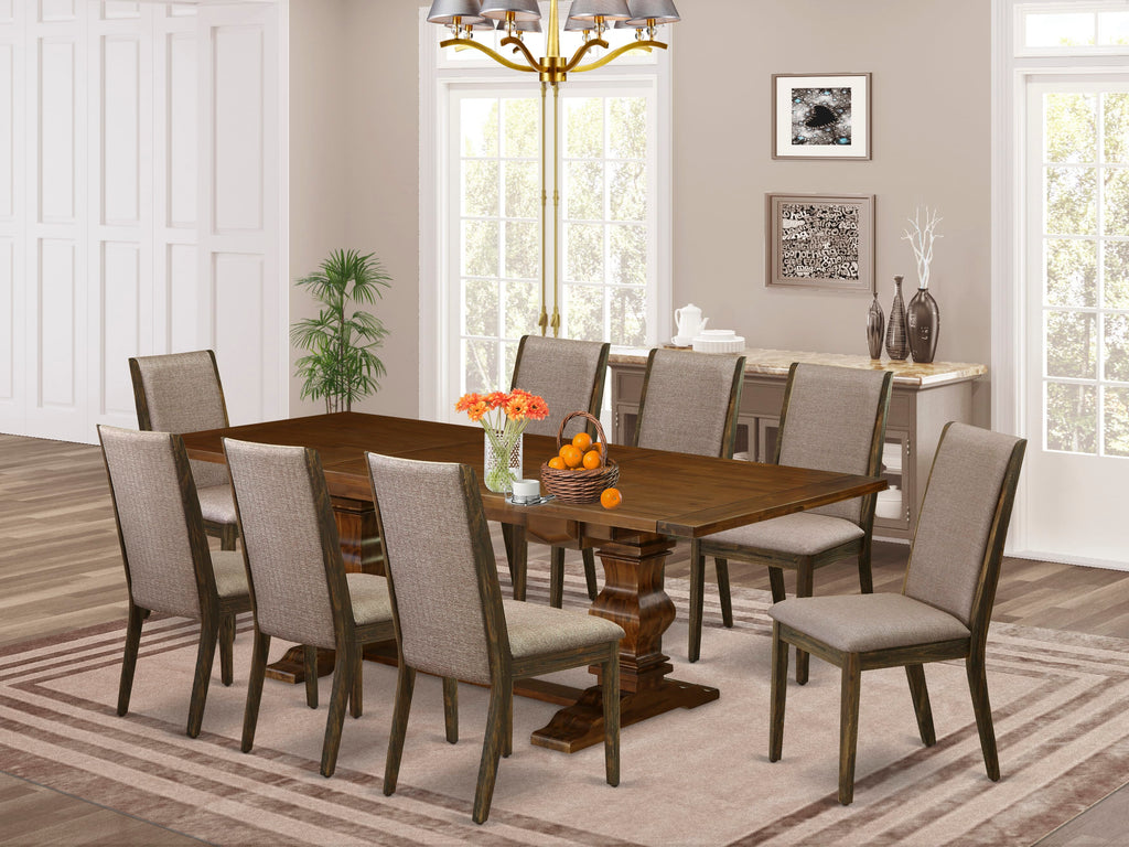 LALA9-61-7U 9-Piece Dining Set Featuring a Walnut Rectangle Table and 8 Dark Khaki Fabric Chairs, 42x92