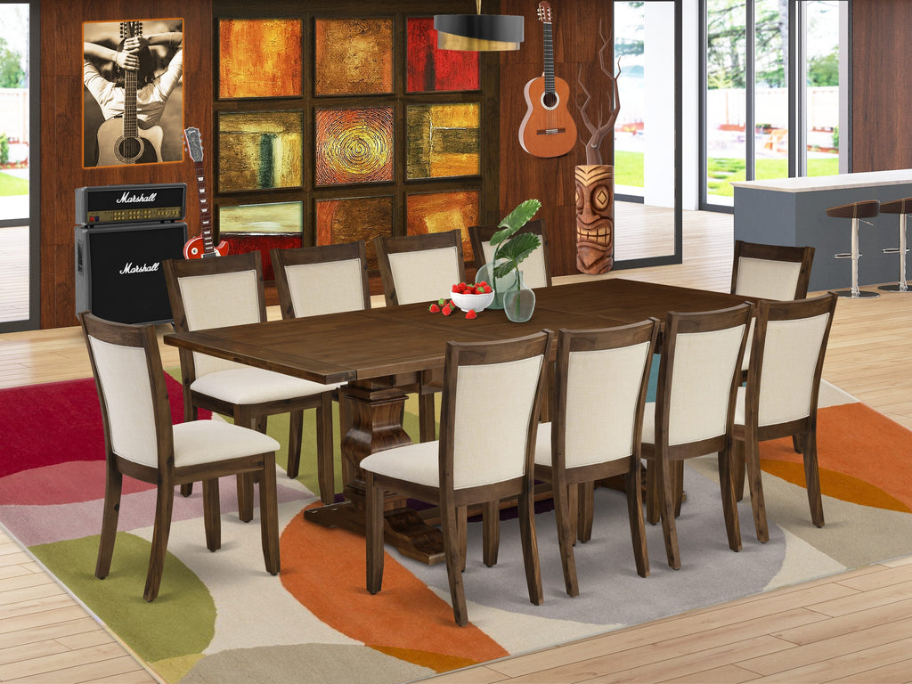 LAMZ16-YF-US 11 Piece Rectangular Dining Ensemble with Expanding Leaf and 10 Linen Chairs, 42x92 Walnut Twist