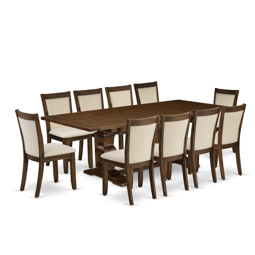 LAMZ16-YF-US 11 Piece Rectangular Dining Ensemble with Expanding Leaf and 10 Linen Chairs, 42x92 Walnut Twist