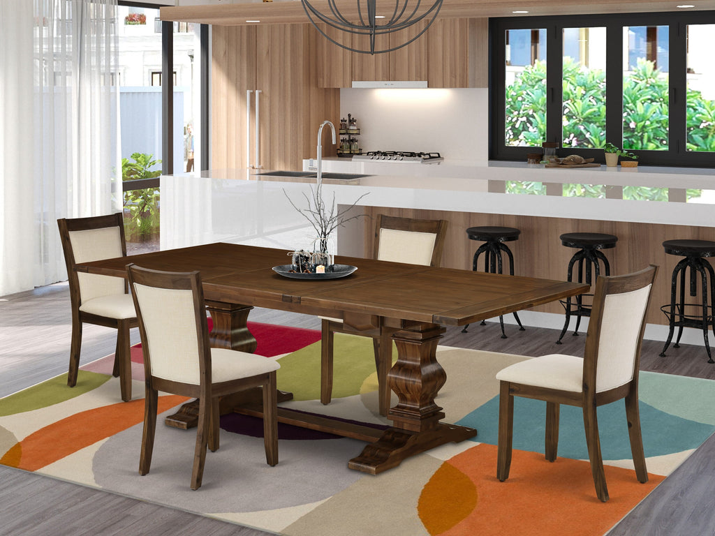 LAMZ5-YY-93 Set for Five Elegant Dining Ensemble with Rectangular Table, Leaf Extension & 4 Beige Upholstered Seats, Walnut Finish