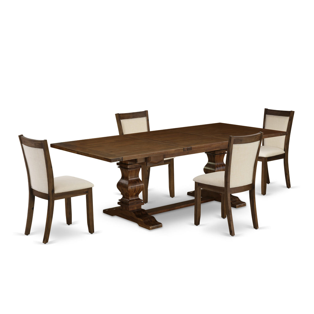 LAMZ5-YY-93 Set for Five Elegant Dining Ensemble with Rectangular Table, Leaf Extension & 4 Beige Upholstered Seats, Walnut Finish