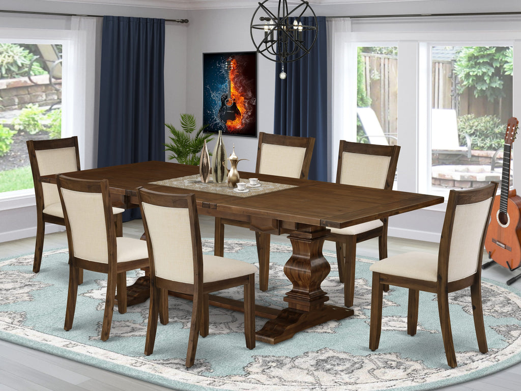 LAMZ7-4T-I9 7-Piece Dining Set Walnut Table with Butterfly Leaf & 6 Beige Linen Parson Chairs