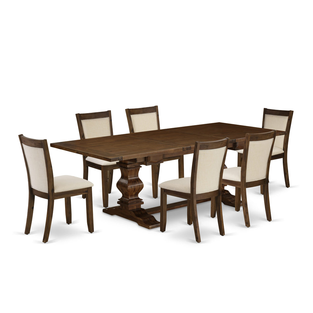 LAMZ7-4T-I9 7-Piece Dining Set Walnut Table with Butterfly Leaf & 6 Beige Linen Parson Chairs