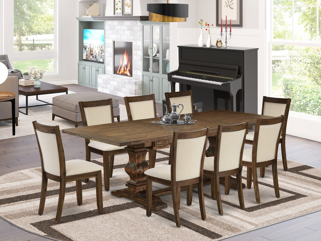 LAMZ9-SC-K1 9-Piece Dining Ensemble with Expanding Butterfly Leaf Table, 8 Beige Fabric Padded Chairs, 42x92 Walnut