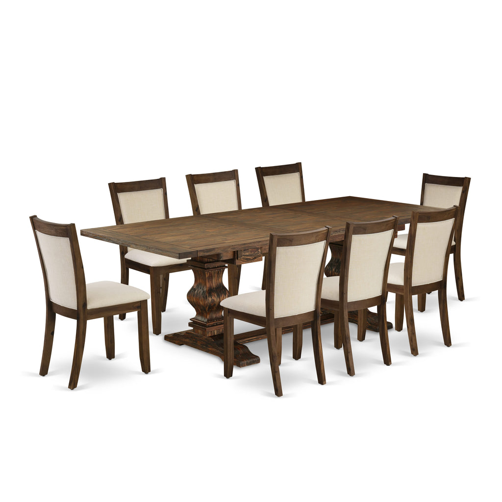 LAMZ9-SC-K1 9-Piece Dining Ensemble with Expanding Butterfly Leaf Table, 8 Beige Fabric Padded Chairs, 42x92 Walnut