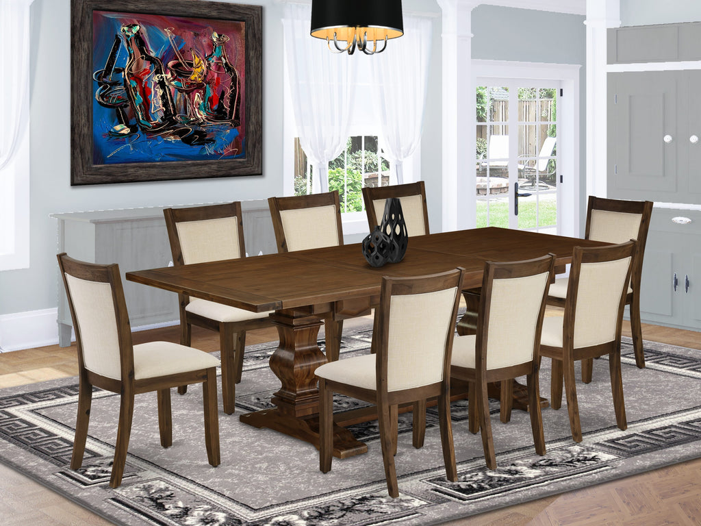 LAMZ9-CX-W2 9-Piece Walnut Dining Set with Extendable Table & 8 Upholstered Chairs in Beige Linen, 42x92 Inches