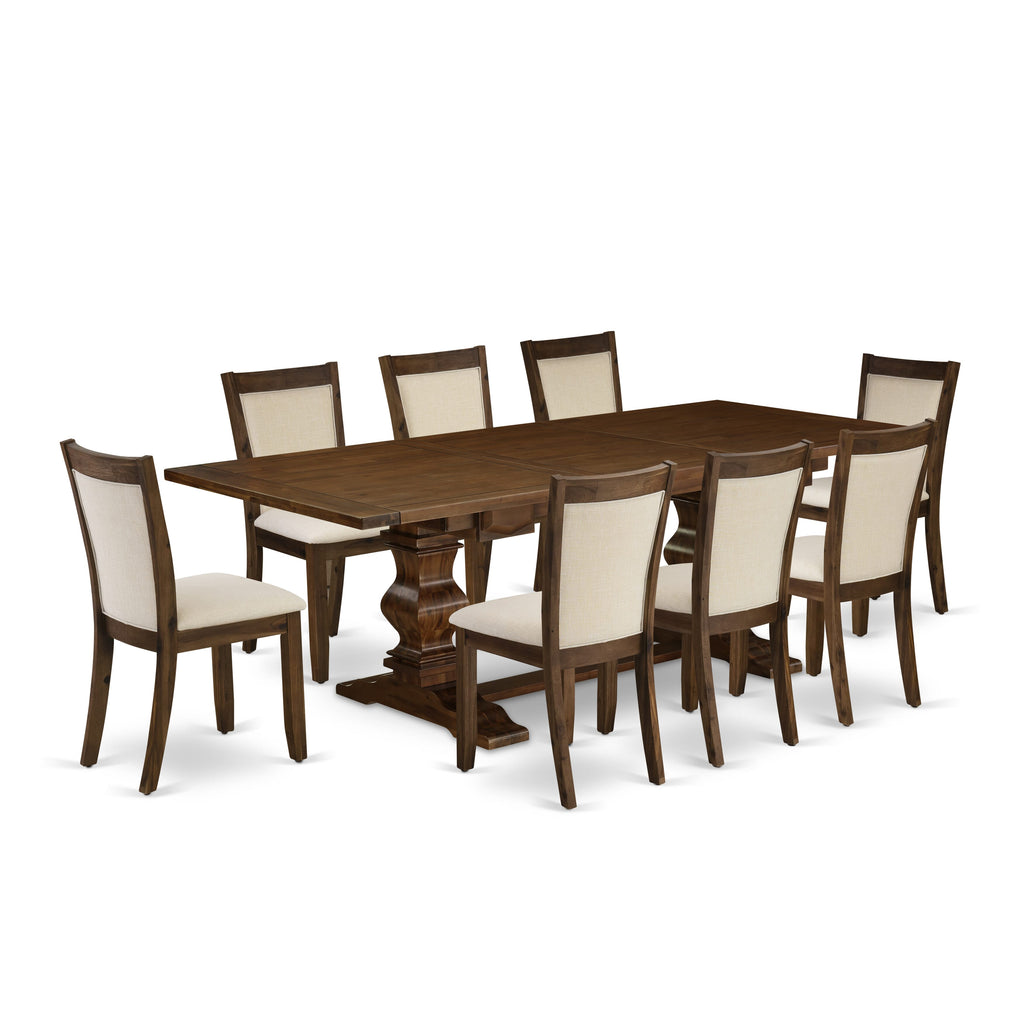 LAMZ9-CX-W2 9-Piece Walnut Dining Set with Extendable Table & 8 Upholstered Chairs in Beige Linen, 42x92 Inches