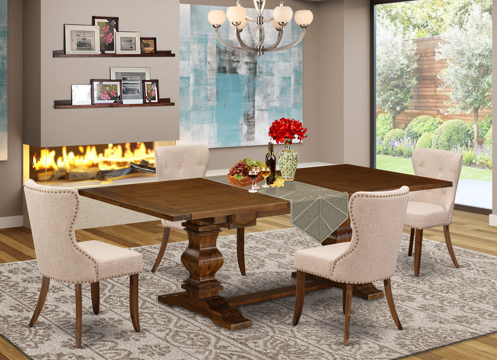 LASI5-FX-J7 5-Piece Dining Ensemble with Butterfly Leaf Table & 4 Linen Chairs in Walnut Finish, 42x92. Chic Dining Solution