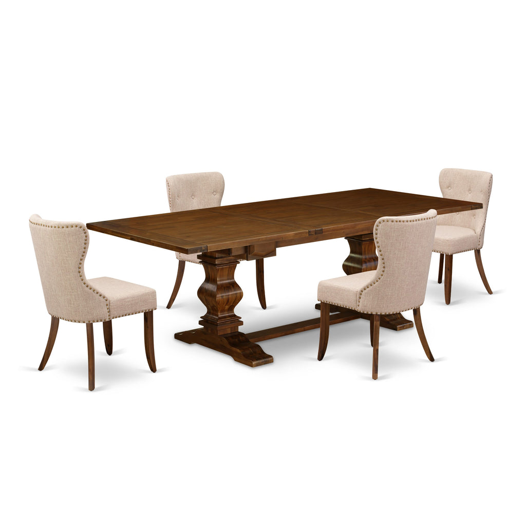 LASI5-FX-J7 5-Piece Dining Ensemble with Butterfly Leaf Table & 4 Linen Chairs in Walnut Finish, 42x92. Chic Dining Solution