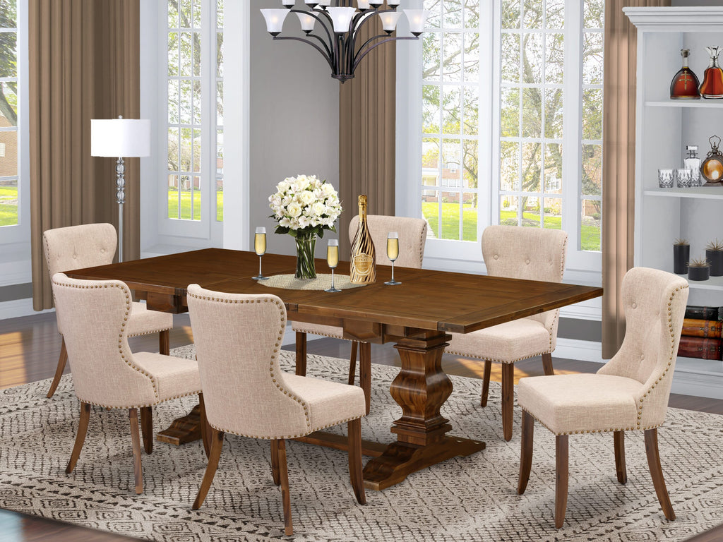 LASI7-TB-3C Elegant 7-Piece Dining Ensemble with Expanding Table & Light Tan Seating, 42x92 Walnut