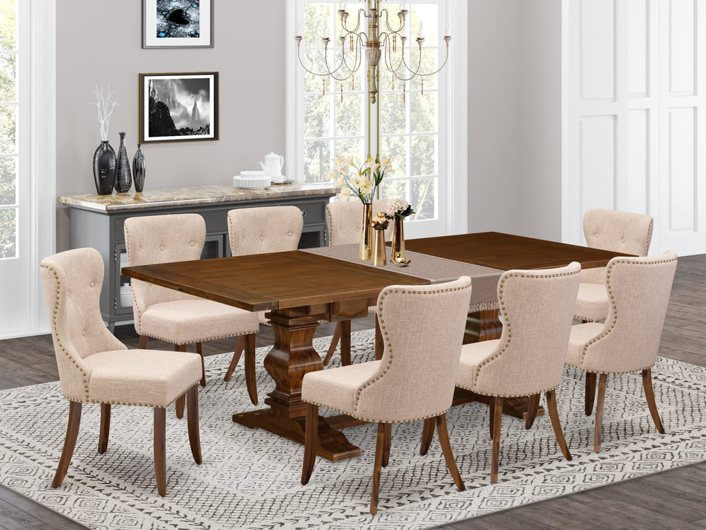 LASI9-5Z-MI 9 Piece Dining Set with Extendable Walnut Table & 8 Fabric Chairs