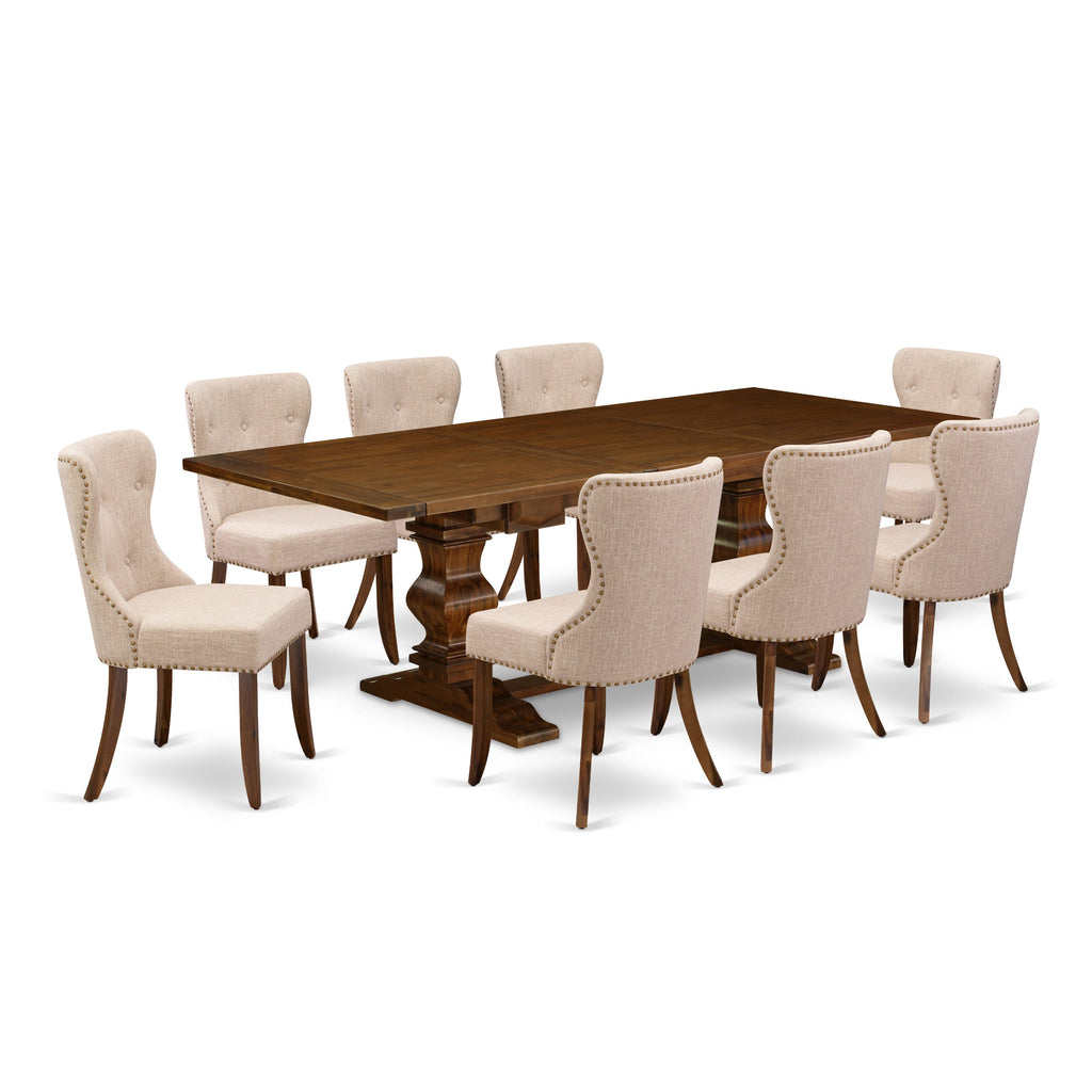 LASI9-5Z-MI 9 Piece Dining Set with Extendable Walnut Table & 8 Fabric Chairs