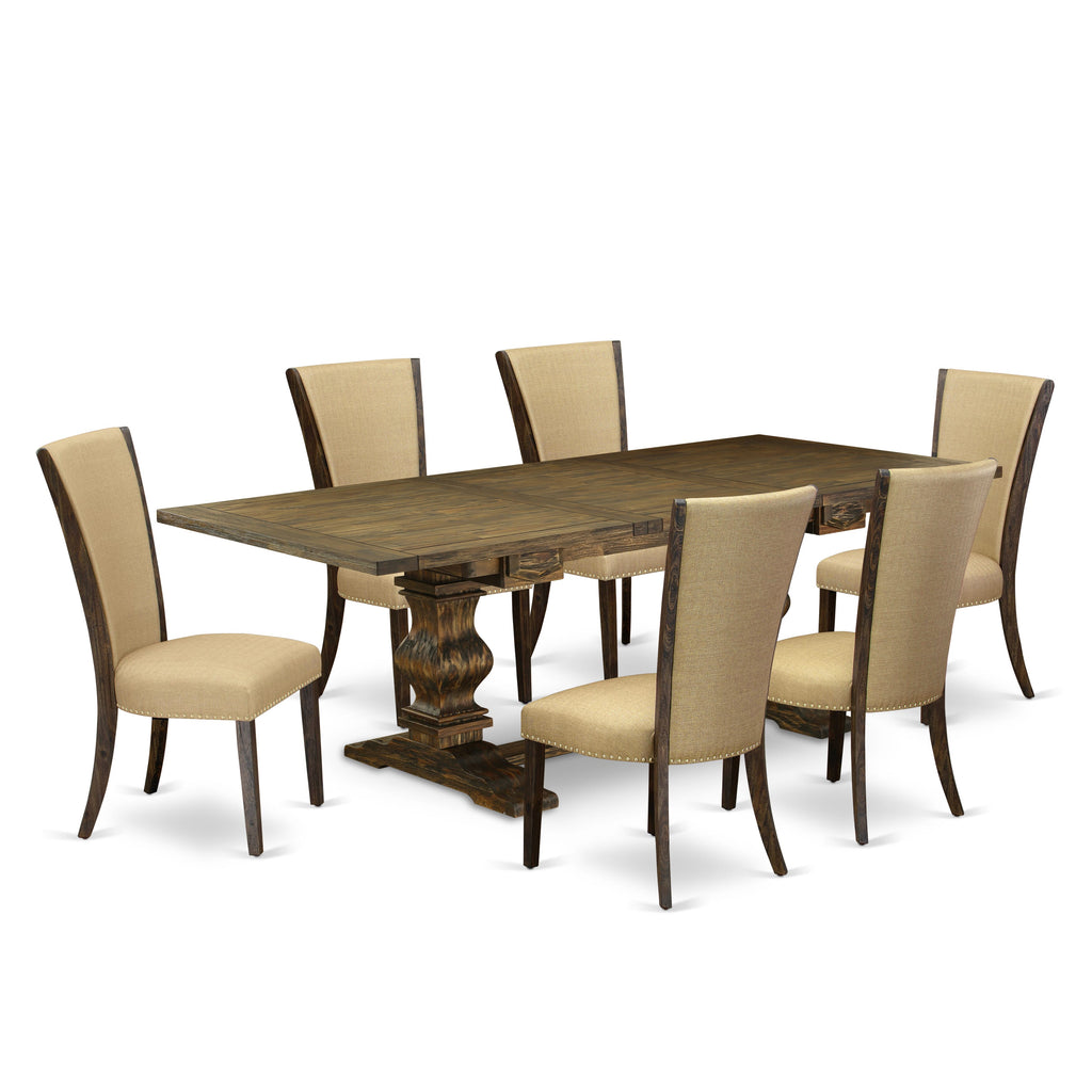 LAVE7-Z6-I1 7 Piece Dining Ensemble with Extendable Table & 6 Parson Chairs in Linen & Jacobean Finish