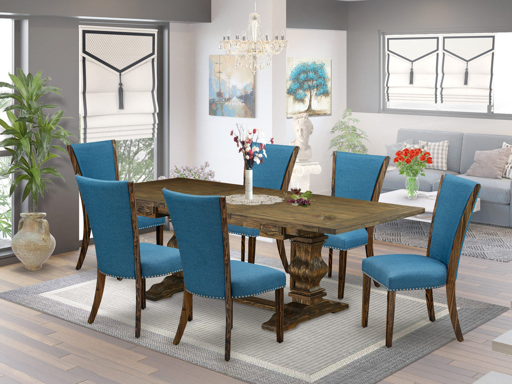 LAVE7-J7-Y6 Elegant 7-Pc Dining Ensemble with Expansive Table & Plush Blue Chairs, 42x92 Jacobean
