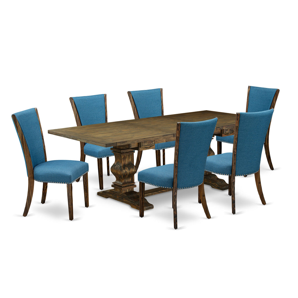LAVE7-J7-Y6 Elegant 7-Pc Dining Ensemble with Expansive Table & Plush Blue Chairs, 42x92 Jacobean