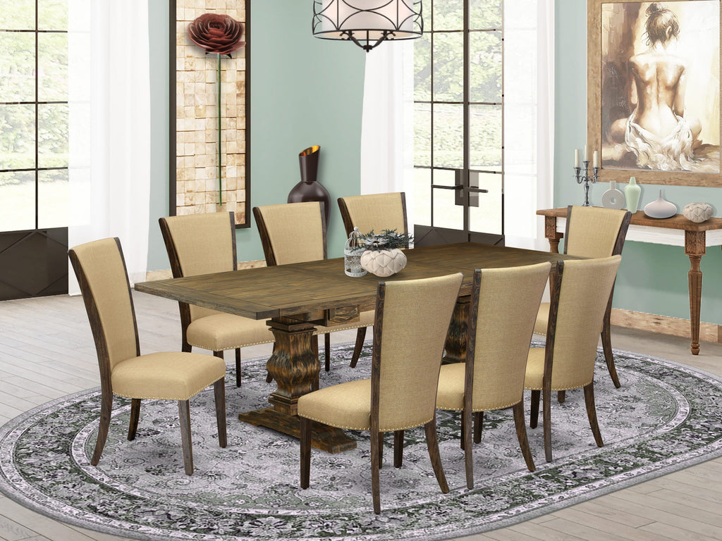 LAVE9-2P-NZ 9-Piece Dining Set with Rectangular Table, Butterfly Leaf & Brown Upholstered Chairs