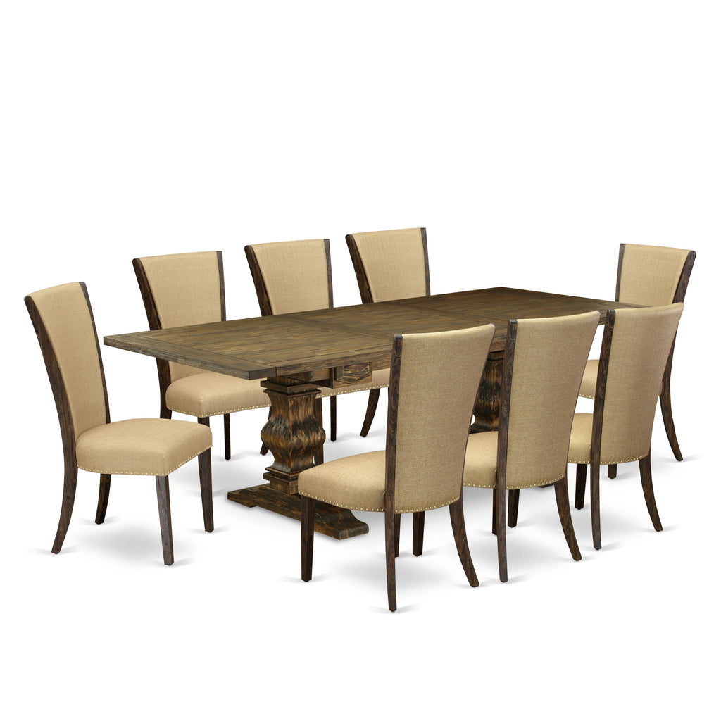 LAVE9-2P-NZ 9-Piece Dining Set with Rectangular Table, Butterfly Leaf & Brown Upholstered Chairs