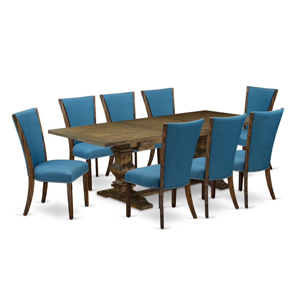 LAVE9-52-1P - 9 Piece Dining Ensemble with Extension Table & Blue Upholstered Chairs in Classic Finish