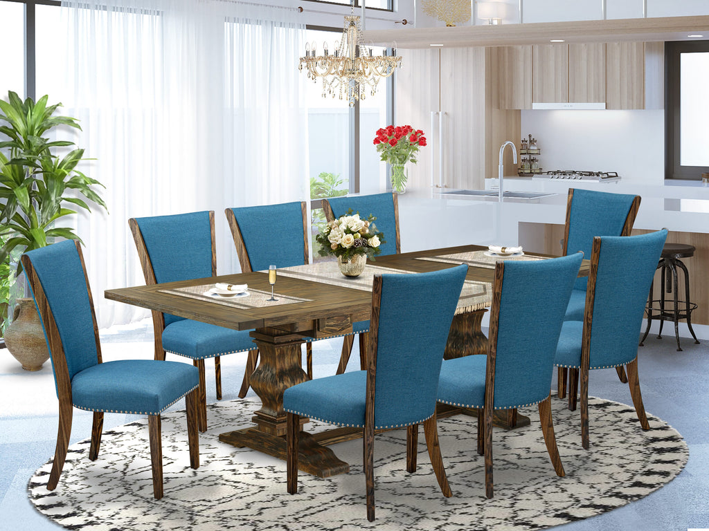 LAVE9-52-1P - 9 Piece Dining Ensemble with Extension Table & Blue Upholstered Chairs in Classic Finish