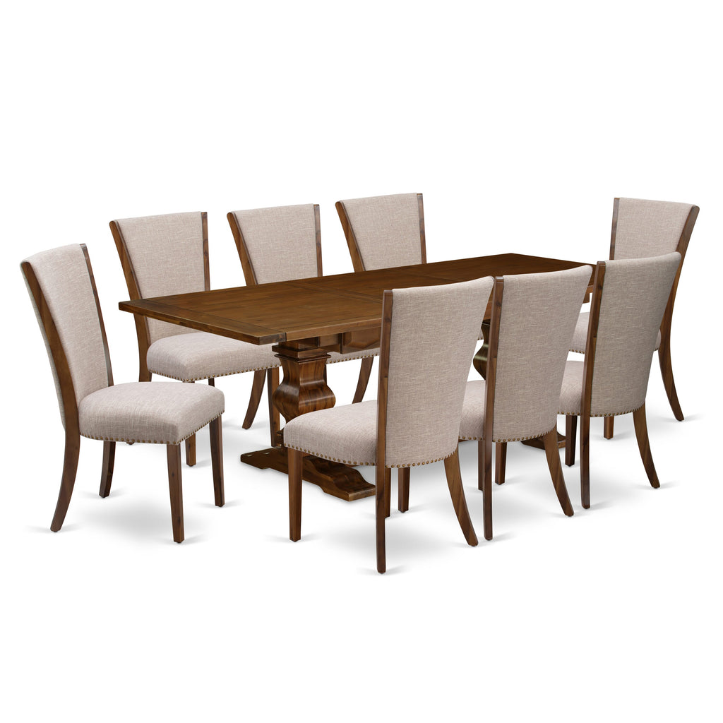 LAVE9-V3-XX 9-Piece Dining Ensemble featuring an Expanding Rectangle Table and 8 Linen-Tan Chairs, 42x92 Walnut Elegance