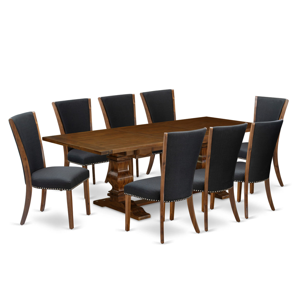 LAVE9-E9-IG Chic 9-Piece Kitchen Set - Rectangular Extendable Dining Table with 8 Upholstered Chairs, Elegant Black Linen Fabric, Walnut Finish